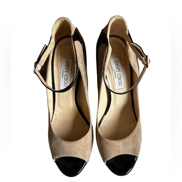 Jimmy Choo Black Patent Leather & Tan Suede Mary Jane Peep-toe Stilettos 🔥 - Picture 9 of 14